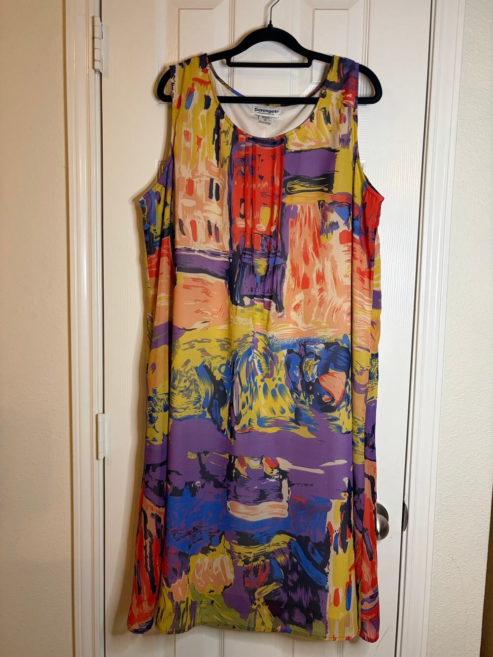 Serengeti XL Sleeveless Abstract Print Shift Dress Lined Colorful Midi